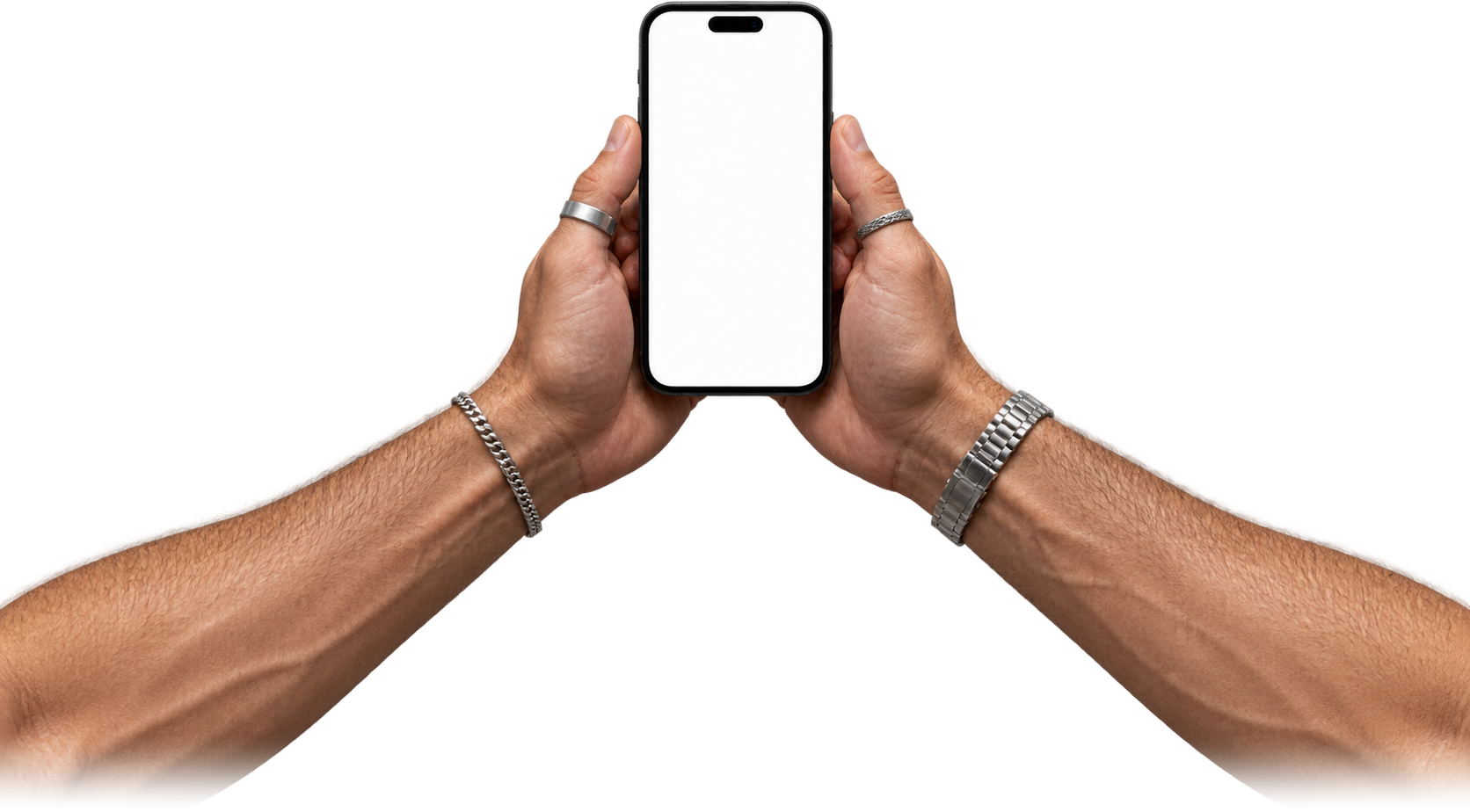 Hands holding an iPhone with a blank white screen