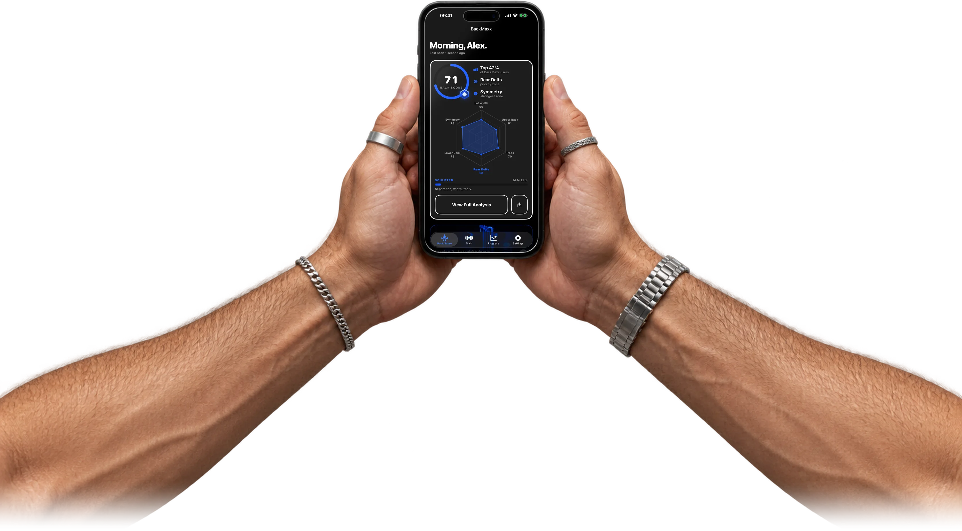 Hands holding an iPhone running BackMaxx, showing a Back Score of 71 and a six-zone radar chart