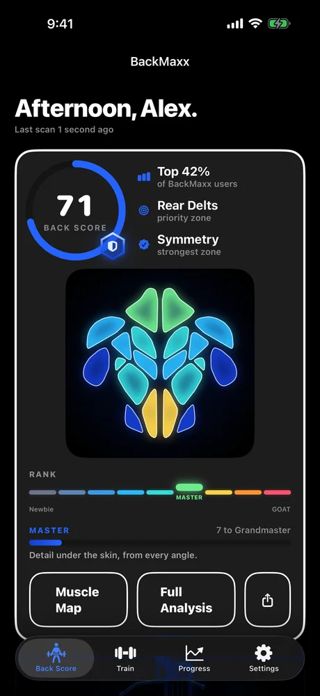 BackMaxx home screen showing a back score of 71, a Master rank and a colour-coded back muscle map