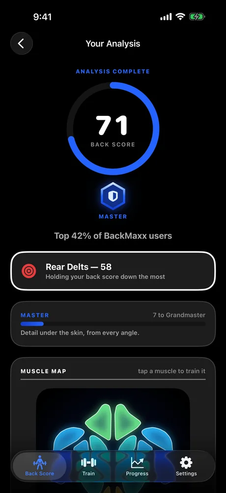 BackMaxx analysis screen showing a back score of 71, a Master rank and rear delts flagged as the weakest zone