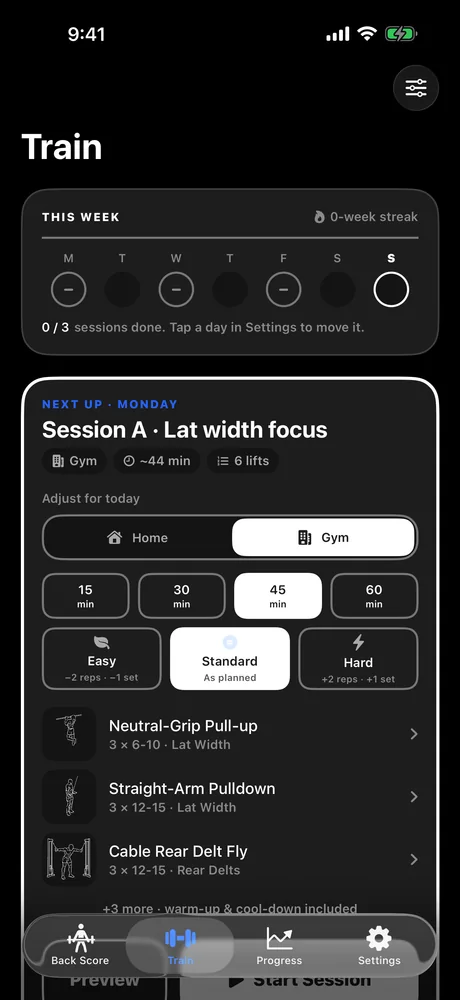 BackMaxx training screen showing the next lat-width session, its length and effort controls and its exercises