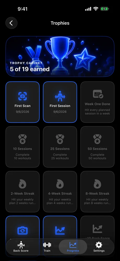 BackMaxx trophies screen showing five of nineteen trophies earned